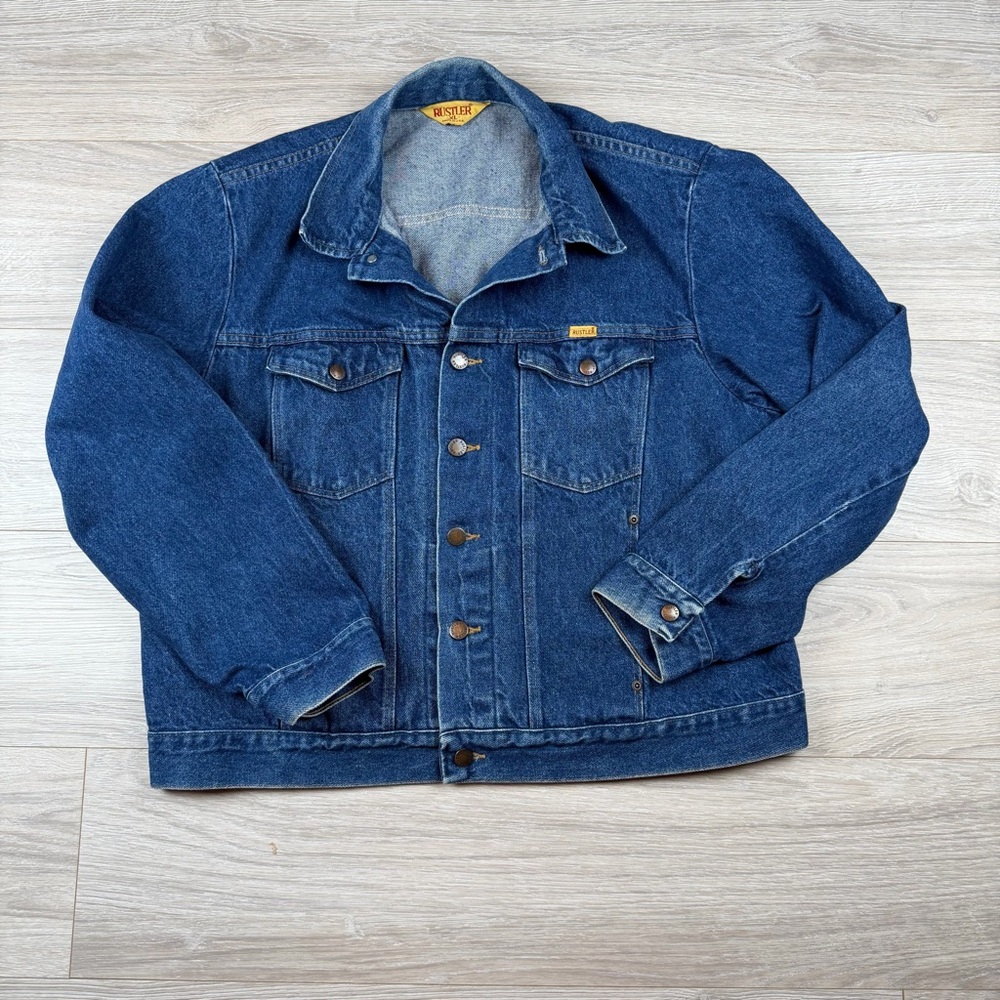 Vintage 90s Rustler Dark Blue Denim Trucker Jacket Mens Size XL Made In USA